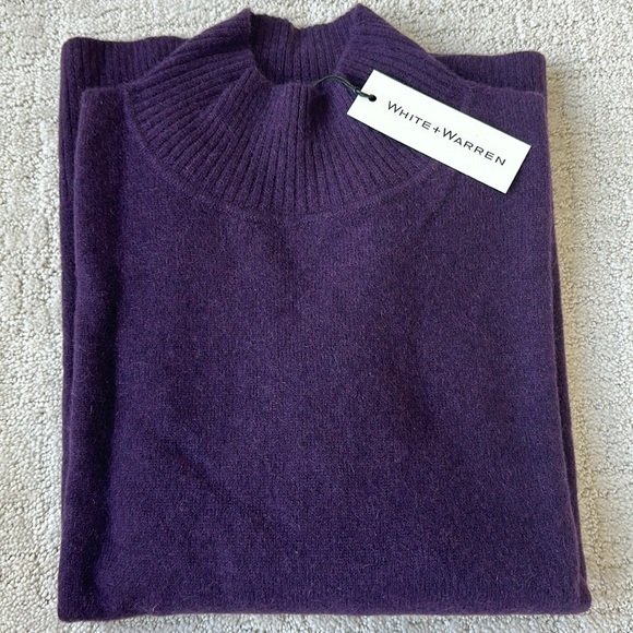 White + Warren Sweaters - White + Warren - Cashmere Rib Trim Standneck in Aubergine